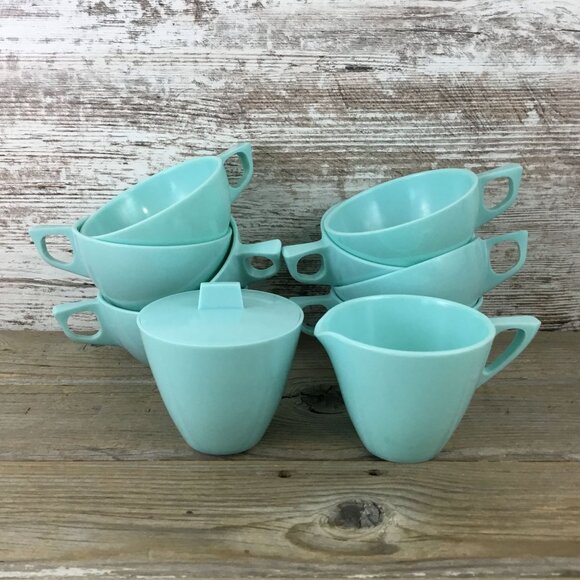 8 Coffee Cups Sun Valley Melmac Aqua Turquoise & Creamer Sugar Bowl Lid Vintage - Picture 2 of 9